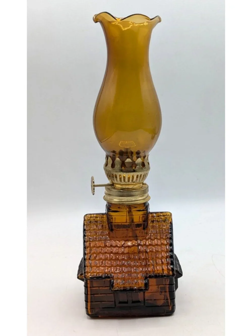 Vintage Cabin Shaped Amber Glass Mini Oil Lamp Lantern Made in Hong Kong 8.5